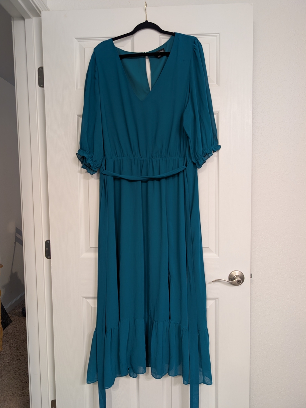 City Chic Teal Maxi Dress with Waist Tie and Ruffle Hem
